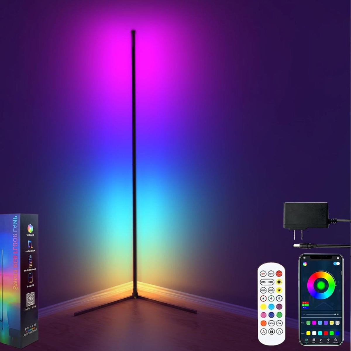 Corner Floor Lamp, RGB LED Corner Lamp with Music Sync, St, LED Lamp with 16 Million Colors for Bedroom