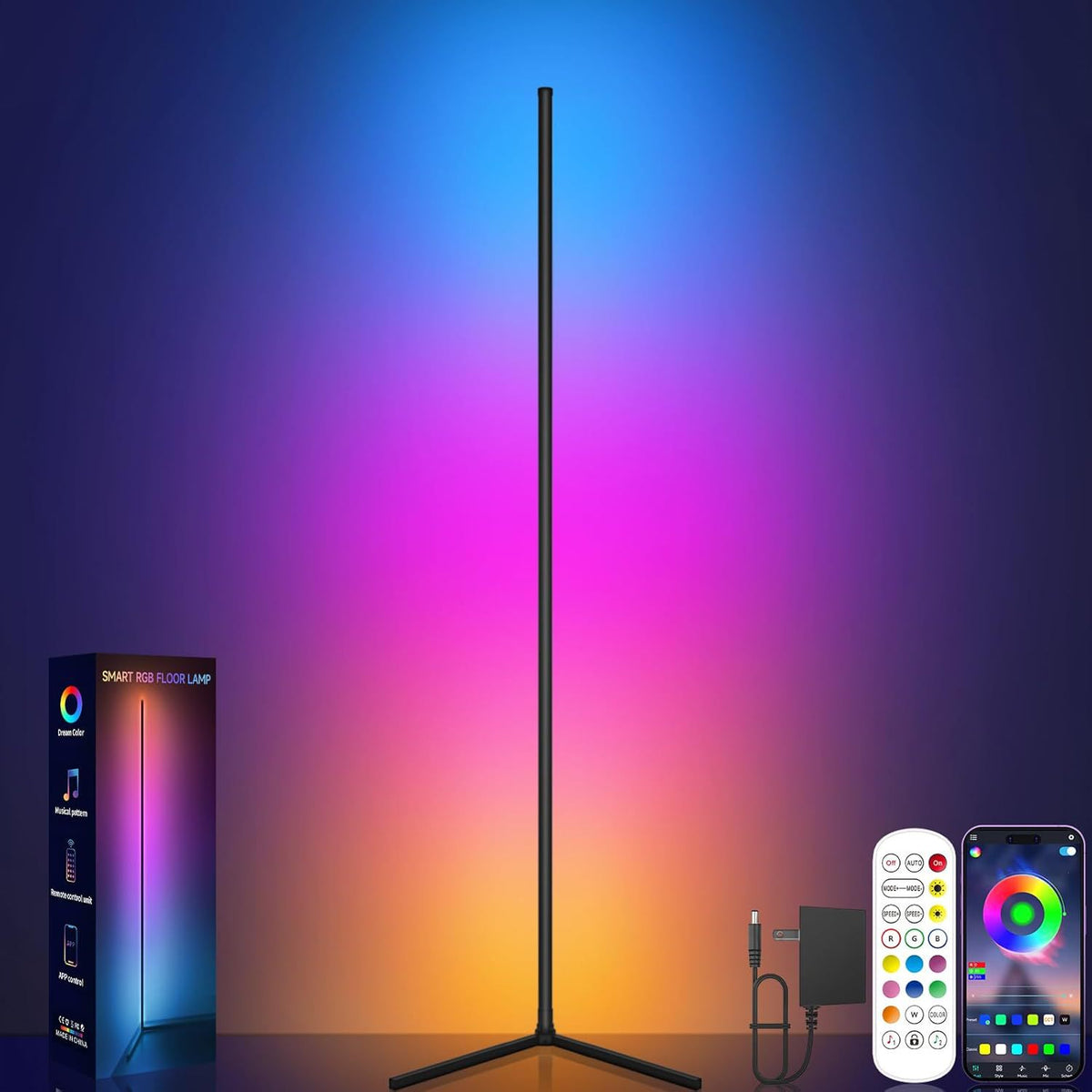 Corner Floor Lamp, RGB LED Corner Lamp with Music Sync, St, LED Lamp with 16 Million Colors for Bedroom