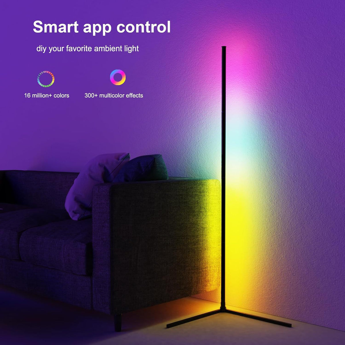 Corner Floor Lamp, RGB LED Corner Lamp with Music Sync, St, LED Lamp with 16 Million Colors for Bedroom